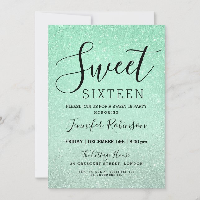 Invitación Mint Green Sweet 16 Birthday Purpurina Look Paint (Anverso)