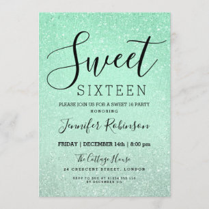 Invitación Mint Green Sweet 16 Birthday Purpurina Look Paint