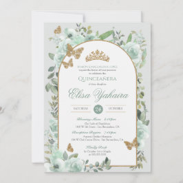 Invitación Mint Green Watercolor Dorado Mariposa Quinceanera