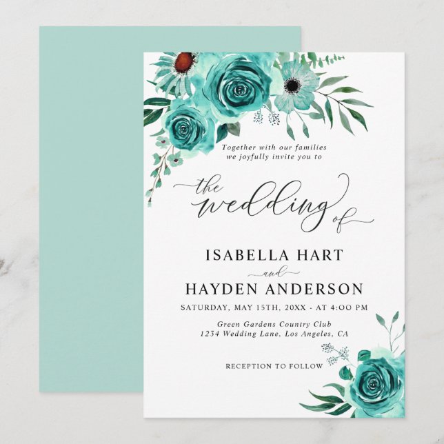 Invitación Mint Green Watercolor Floral Elegante Boda (Anverso / Reverso)