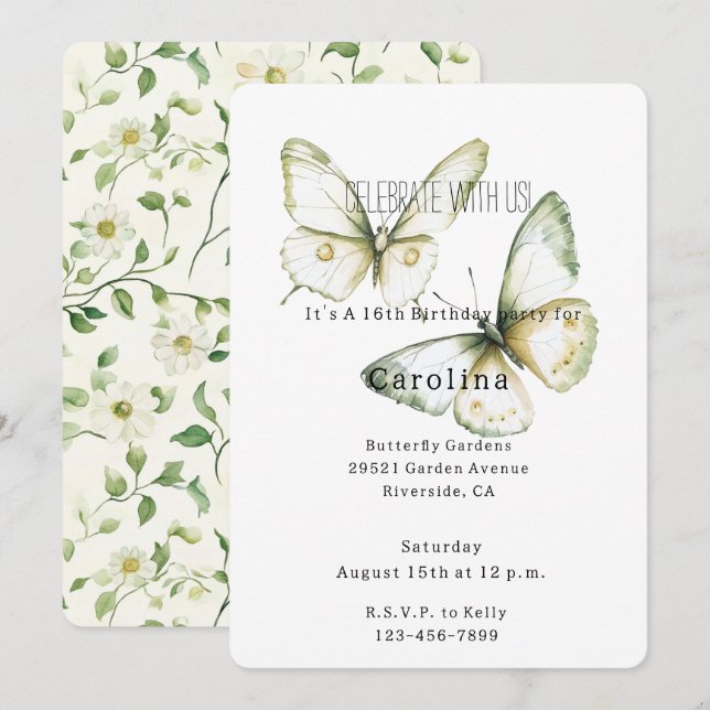 Invitación Mint Green White Butterflies Birthday (Anverso / Reverso)