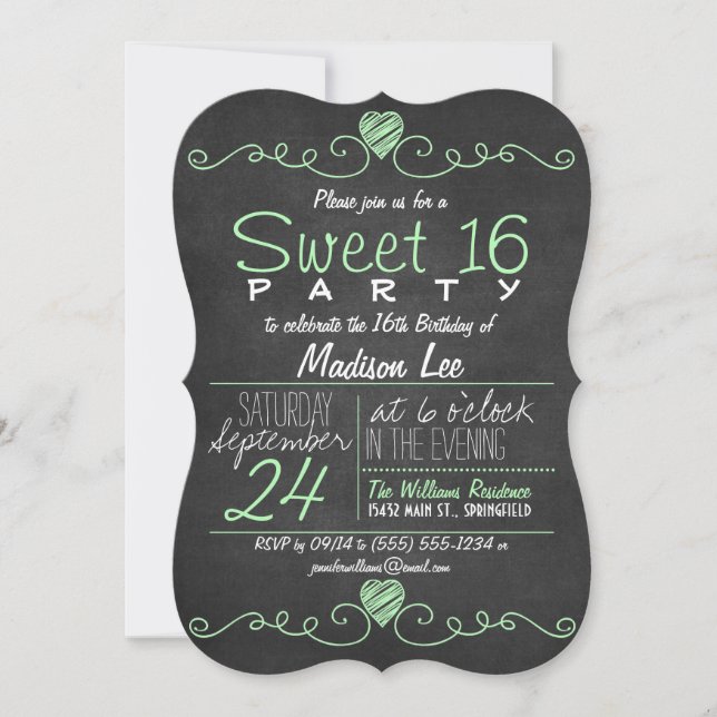 Invitación Mint Green, White Chalkboard Rustic Sweet 16 Fiest (Anverso)