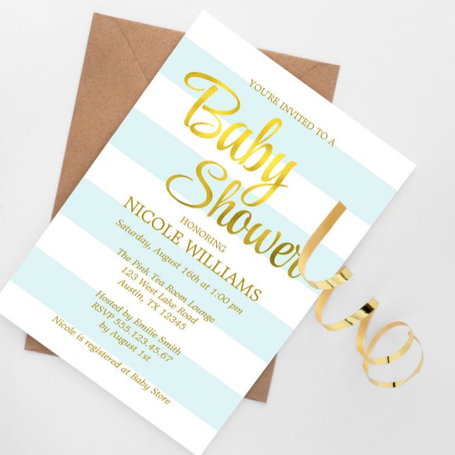 Invitación Mint Green y Faux Gold Stripes Baby Shower (Subido por el creador)