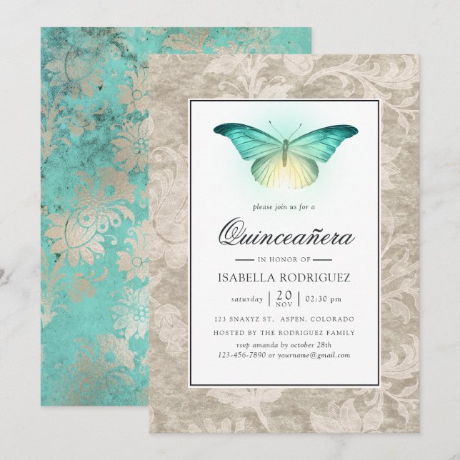 Invitación Mint Green y Pearl Damask Quinceañera (Anverso / Reverso)