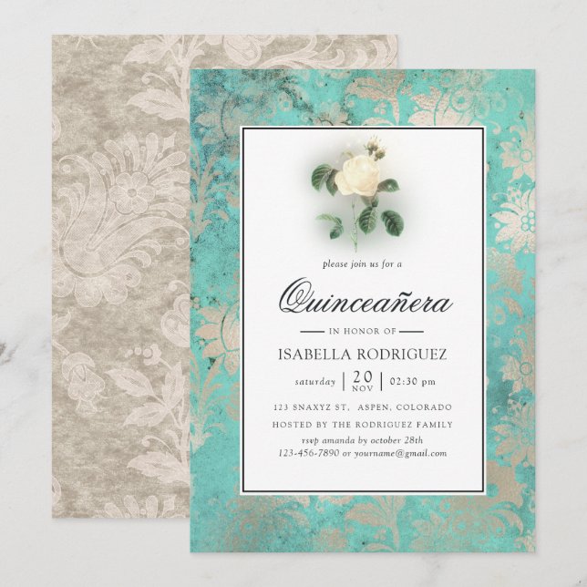 Invitación Mint Green y Pearl Floral Damask Quinceañera (Anverso / Reverso)