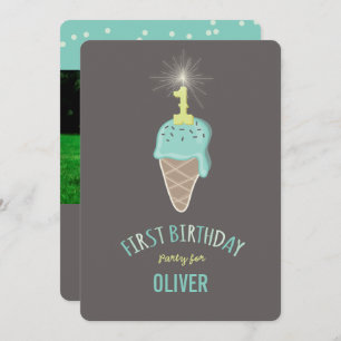 Invitación Mint Ice Cream Sparkler One Boy Fiesta de cumpleañ