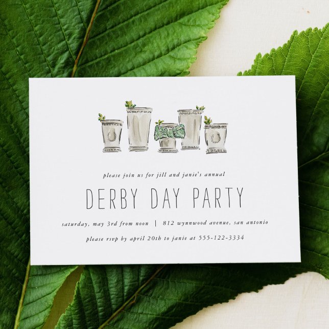 Invitación Mint Julep Horse Race Derby Day Fiesta Horizontal (Derby Day party invitation card featuring watercolor mint juleps.)