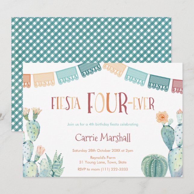 Invitación Mint Mustard Fiesta Cuatro Fiestas de Cumpleaños (Anverso / Reverso)