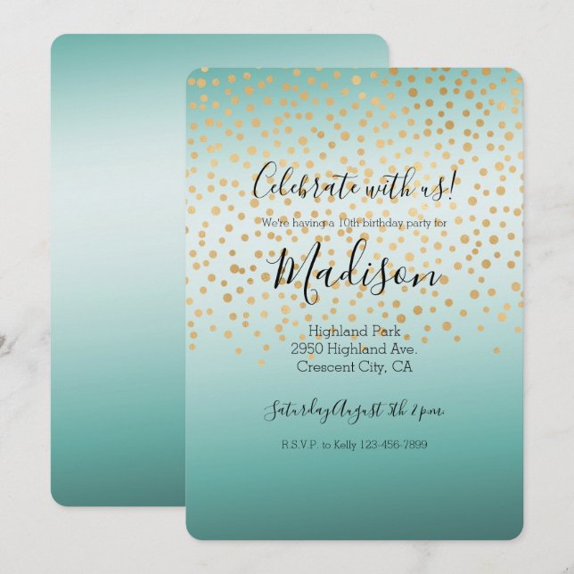 Invitación Mint Ombre De Confetti Giro Glam (Anverso / Reverso)