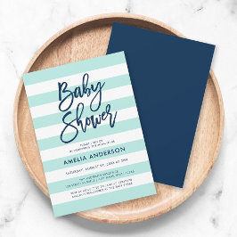 Invitación Mint Pastel y rayas blancas Baby Shower azul