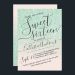 Invitación Mint Pink Faux Sparkly Purpurina Ombre Sweet 16<br><div class="desc">Esta elegante, femenina y dulce moda, invitación a la fiesta de dieciséis años, es perfecta para el joven chica moderno y elegante. Muestra un falso purpurina verde brillante de menta impresa y un gradiente oscuro rosa rosa de color negro con una configuración de tipografía de escritura cursiva personalizado. Es un...</div>