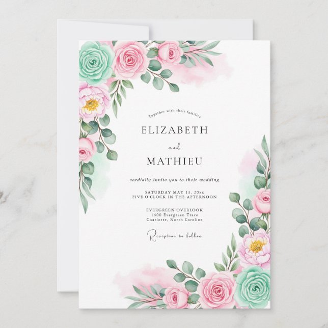 Invitación Mint Pink Watercolor Botanical Wedding (Anverso)