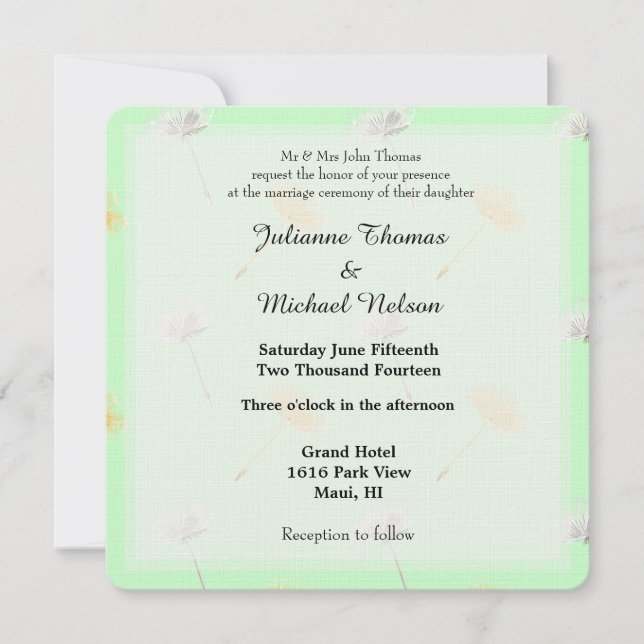 Invitación Mint quiere que Boda de las flores de Dandelion (Anverso)