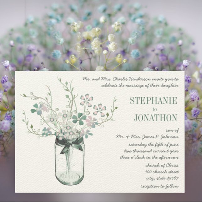 Invitación Mint Rubor Pink Mason Jar Wild Flower Boda (Subido por el creador)