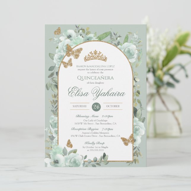 Invitación Mint Sage Green Watercolor Mariposa Quinceanera (Anverso de pie)