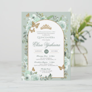 Invitación Mint Sage Green Watercolor Mariposa Quinceanera