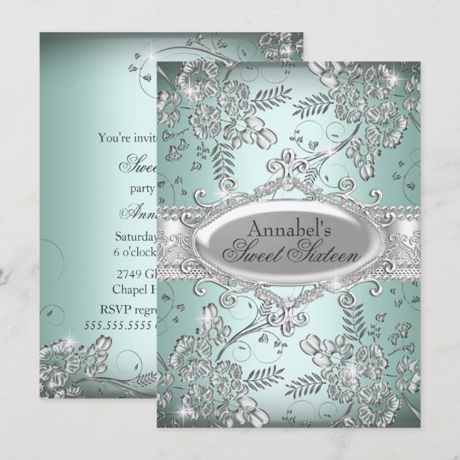 Invitación Mint Silver Sparkle Flower Sweet 16 (Anverso / Reverso)
