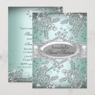 Invitación Mint Silver Sparkle Flower Sweet 16