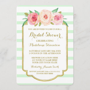 Invitación Mint Stripes Gold Floral Rosada Ducha de novia