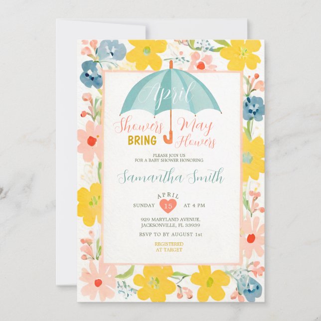 Invitación Mint Umbrella April Showers Baby Shower Floral (Anverso)