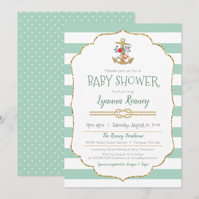 Invitación Mint verde de anclaje floral de Baby Shower (Anverso / Reverso)