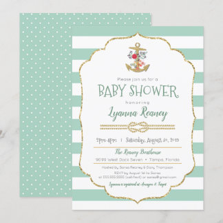 Invitación Mint verde de anclaje floral de Baby Shower