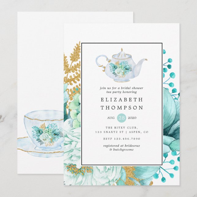 Invitación Mint Watercolor Floral Bridal Shower Tea Fiesta (Anverso / Reverso)