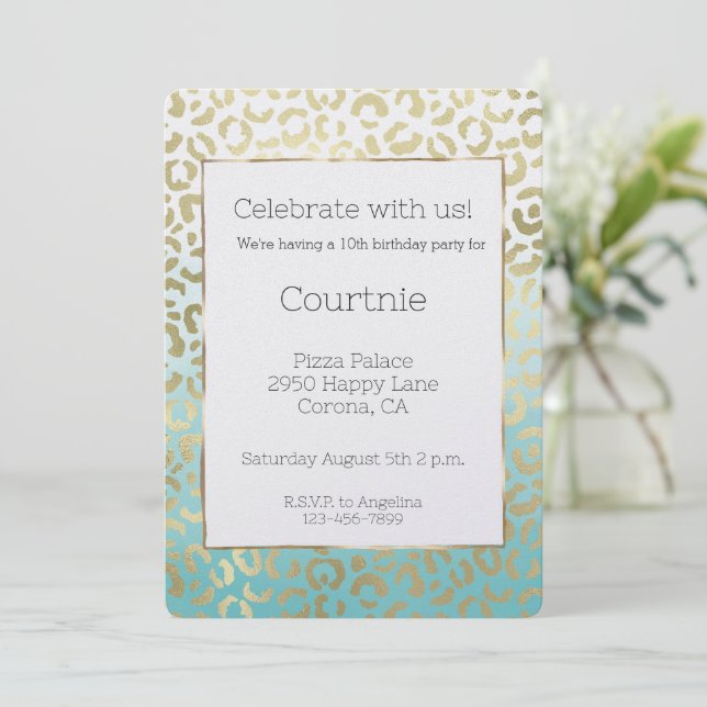 Invitación Mint Watercolor Glam Gold Leopard (Anverso de pie)