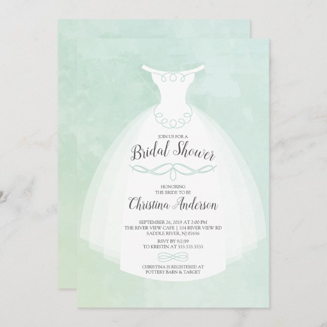 Invitación Mint Watercolor Novia Gown Bridal Shower (Anverso / Reverso)