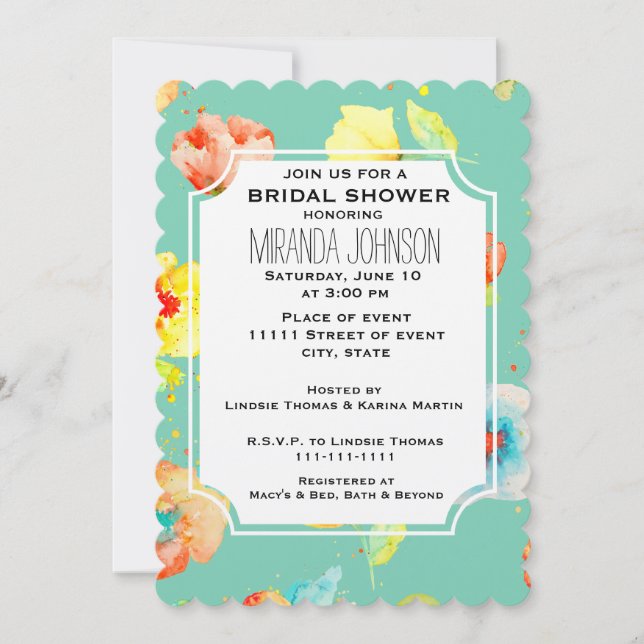 Invitación Mint Watercolor Poppies Ducha de novia (Anverso)