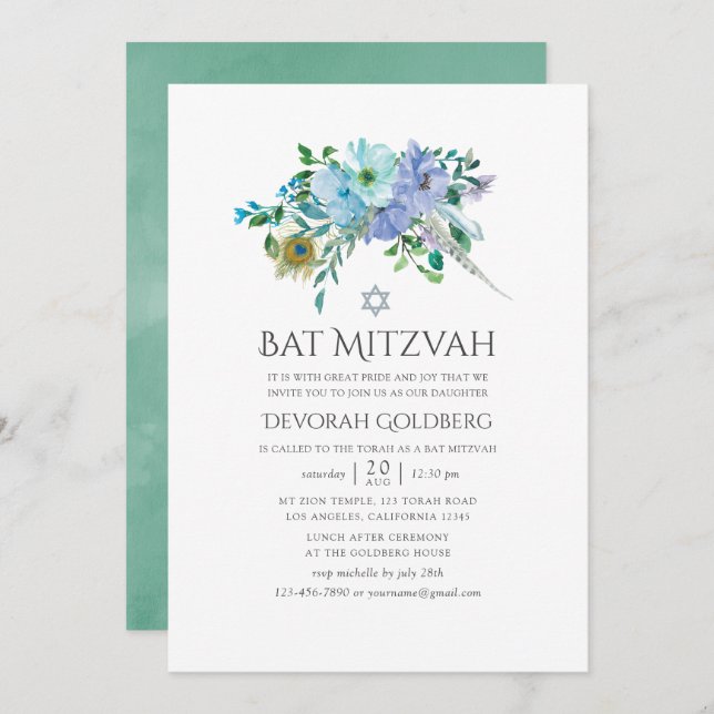Invitación Mint y Blue Boho Floral Bat Mitzvah (Anverso / Reverso)