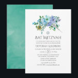 Invitación Mint y Blue Boho Floral Bat Mitzvah<br><div class="desc">El murciélago floral mitzvah de boho azul y mint invita con plumas de pavo real diseñadas para ser rápida y fácilmente personalizable.</div>