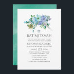 Invitación Mint y Blue Boho Floral Bat Mitzvah<br><div class="desc">El murciélago floral mitzvah de boho azul y mint invita con plumas de pavo real diseñadas para ser rápida y fácilmente personalizable.</div>