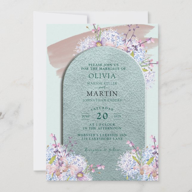 Invitación Mint y malva Boda moderno acuarela Floral (Anverso)