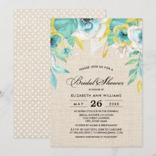 Invitación Mint Yellow Floral Burlap Textura Bridal Shower