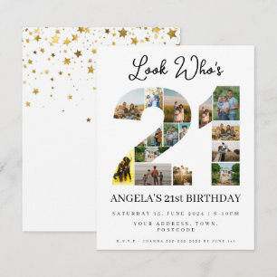 Invitación mira quién cumple 21 Collage de fotos señal feliz