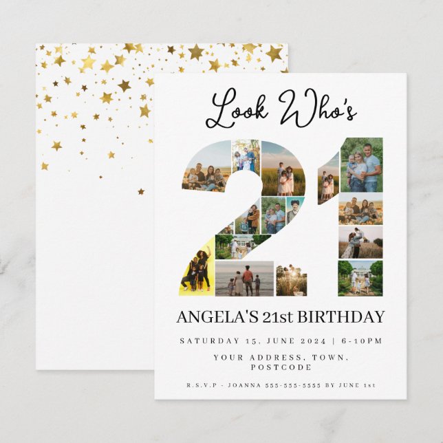 Invitación Mira quién cumple 21 Señal de collage de fotos Fel (Anverso / Reverso)