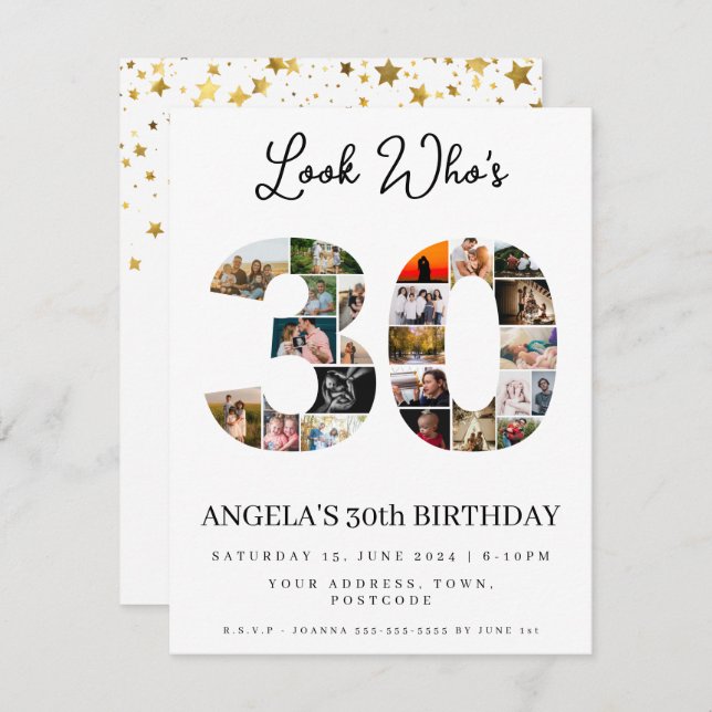 Invitación mira quién cumple 30 montaje de fotos de cumpleaño (Anverso / Reverso)