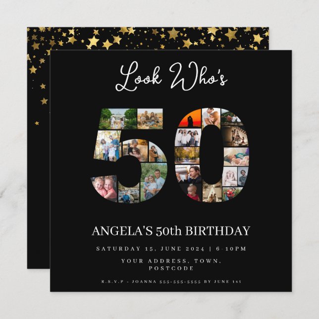 Invitación mira quién cumple 50 feliz cumpleaños 50 collage d (Anverso / Reverso)