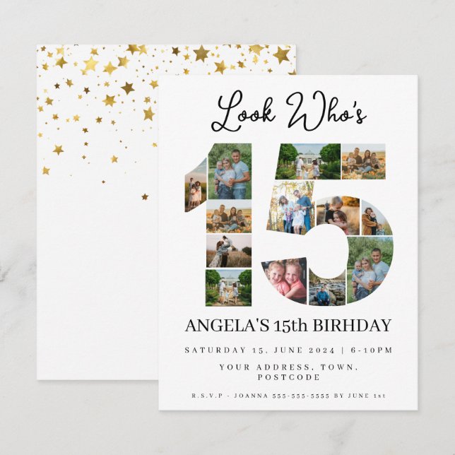 Invitación mira quién es 15 Collages de fotos quinceaneras ad (Anverso / Reverso)