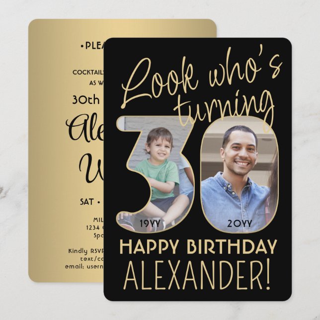 Invitación Mira quién es 30 Black & Gold Birthday Party 2 Pho (Anverso / Reverso)