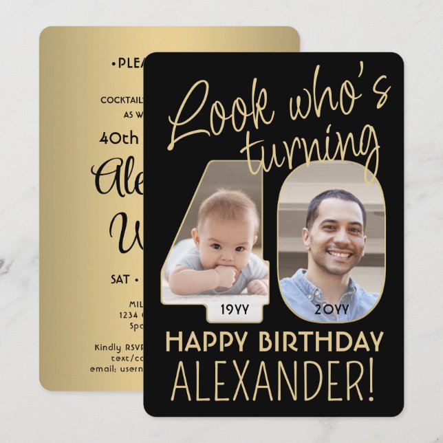 Invitación Mira quién es el 40 Black & Gold Birthday Party 2  (Anverso / Reverso)