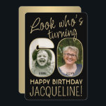 Invitación Mira quién es el 60 Black & Gold Birthday Party 2<br><div class="desc">¡Mira quién cumple 60 años! Invitar a la familia y amigos a una elegante celebración de cumpleaños número 60 para él o ella con invitaciones para fiestas de personalizado 2. Las imágenes y la redacción de esta plantilla son fáciles de personalizar. (IMAGEN PLACEMENT TIP: Una manera fácil de posicionar una...</div>
