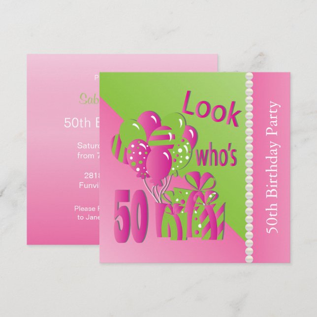 Invitación Mira quién tiene 50 años en rosa - 50 años de invi (Anverso / Reverso)