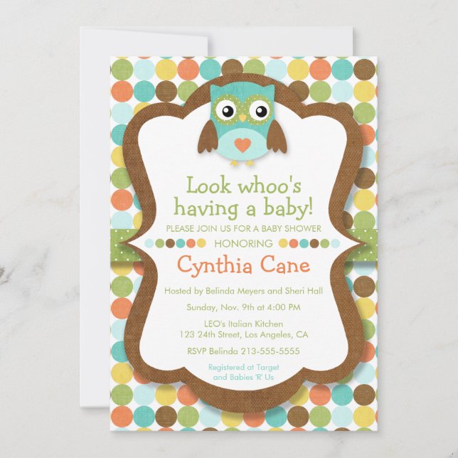 Invitación Mira quién tiene un bebé - Owl Boy Baby Shower (Anverso)
