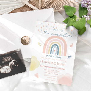 Invitación Miracle Baby Pastel Nubes de Arcoiris Caídas