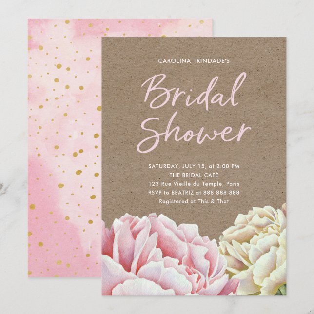 Invitación Mirada de papel rosada de Rubor Kraft de la ducha (Anverso / Reverso)