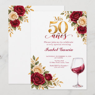 Invitación Mis 50 Años Copas de Vino Rosas Borgoña Cumpleaños