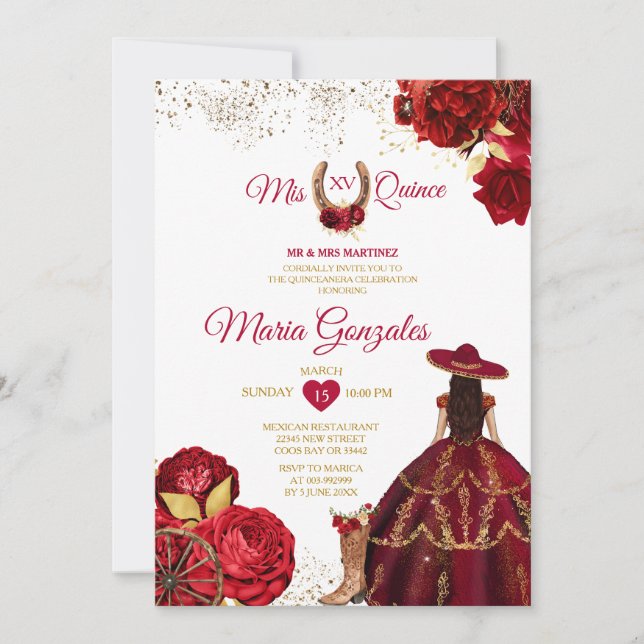 Invitación Mis Quince 15 Anos Roses Rojos Purpurina de la Cor (Anverso)