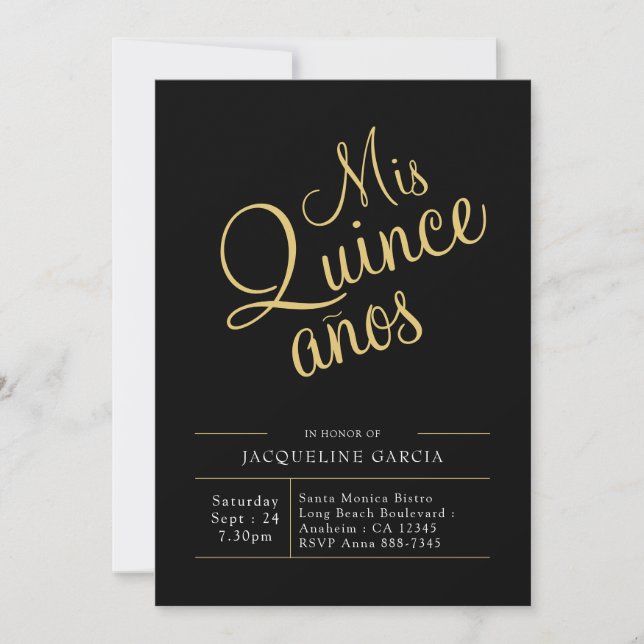 Invitación Mis Quince Anos Black Gold Moderno Quinceanera (Anverso)